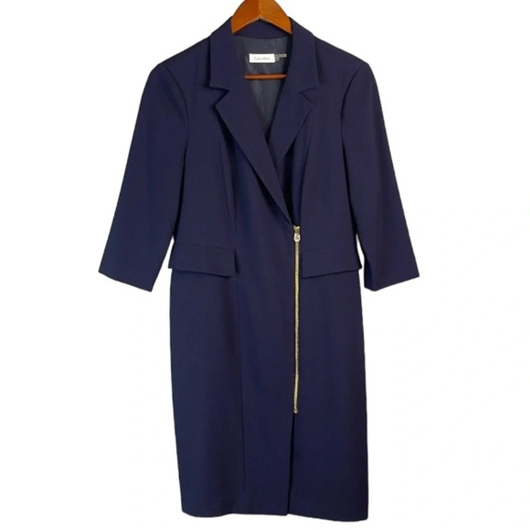Calvin Klein NWOT Blazer Style Dress Navy Exposed Side Zipper Faux Pockets 8 - Picture 2 of 9